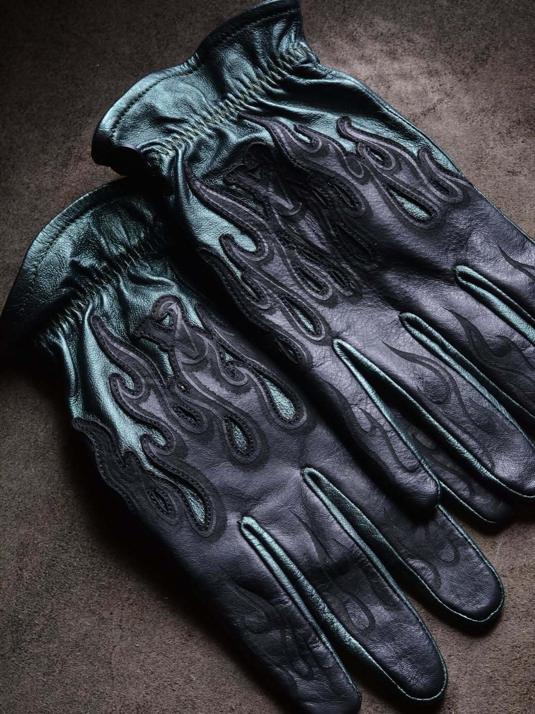 Industrial Punk Dark Emerald Flame Studded Textured Leather Gloves