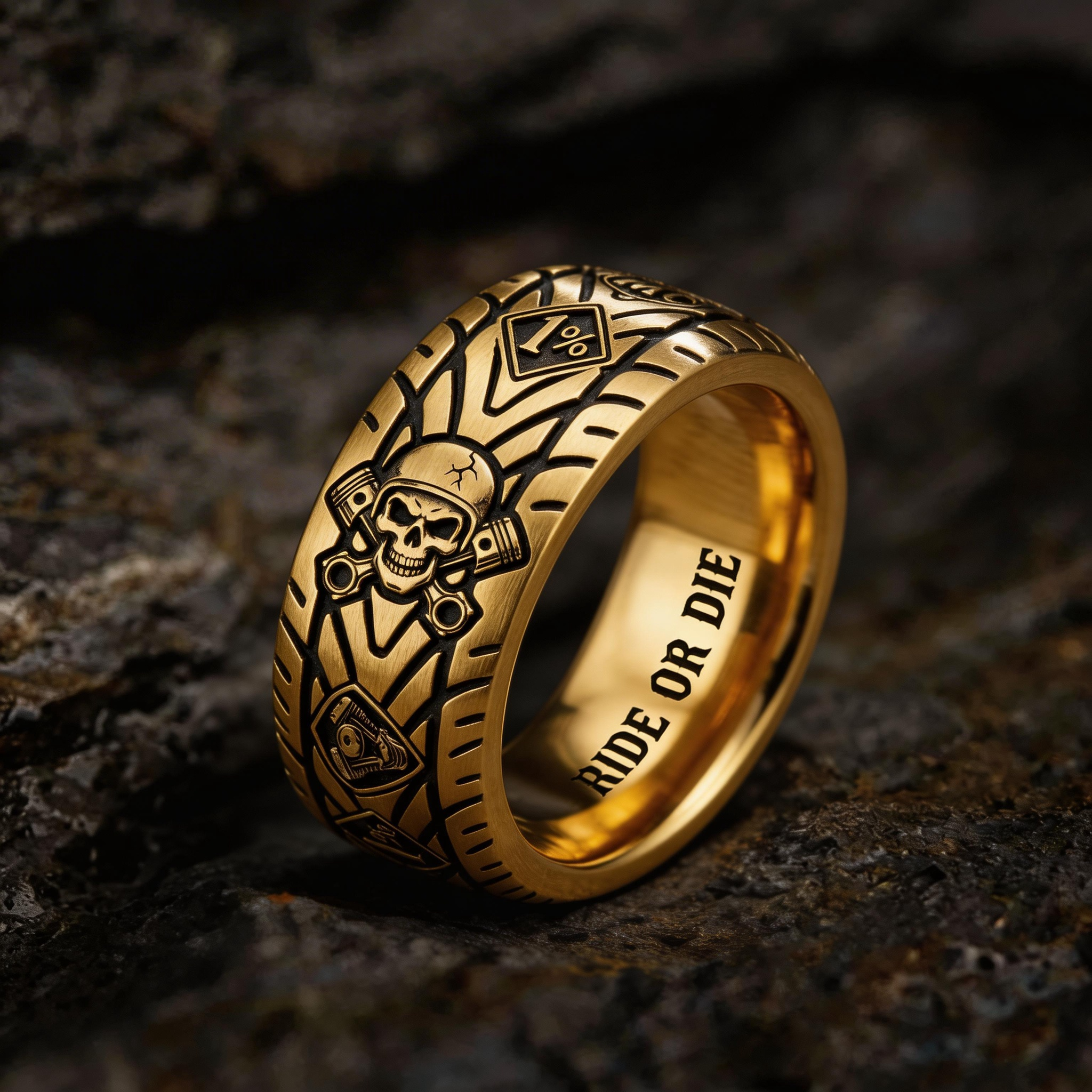 Vintage Harley-style rubber tire texture gold ring