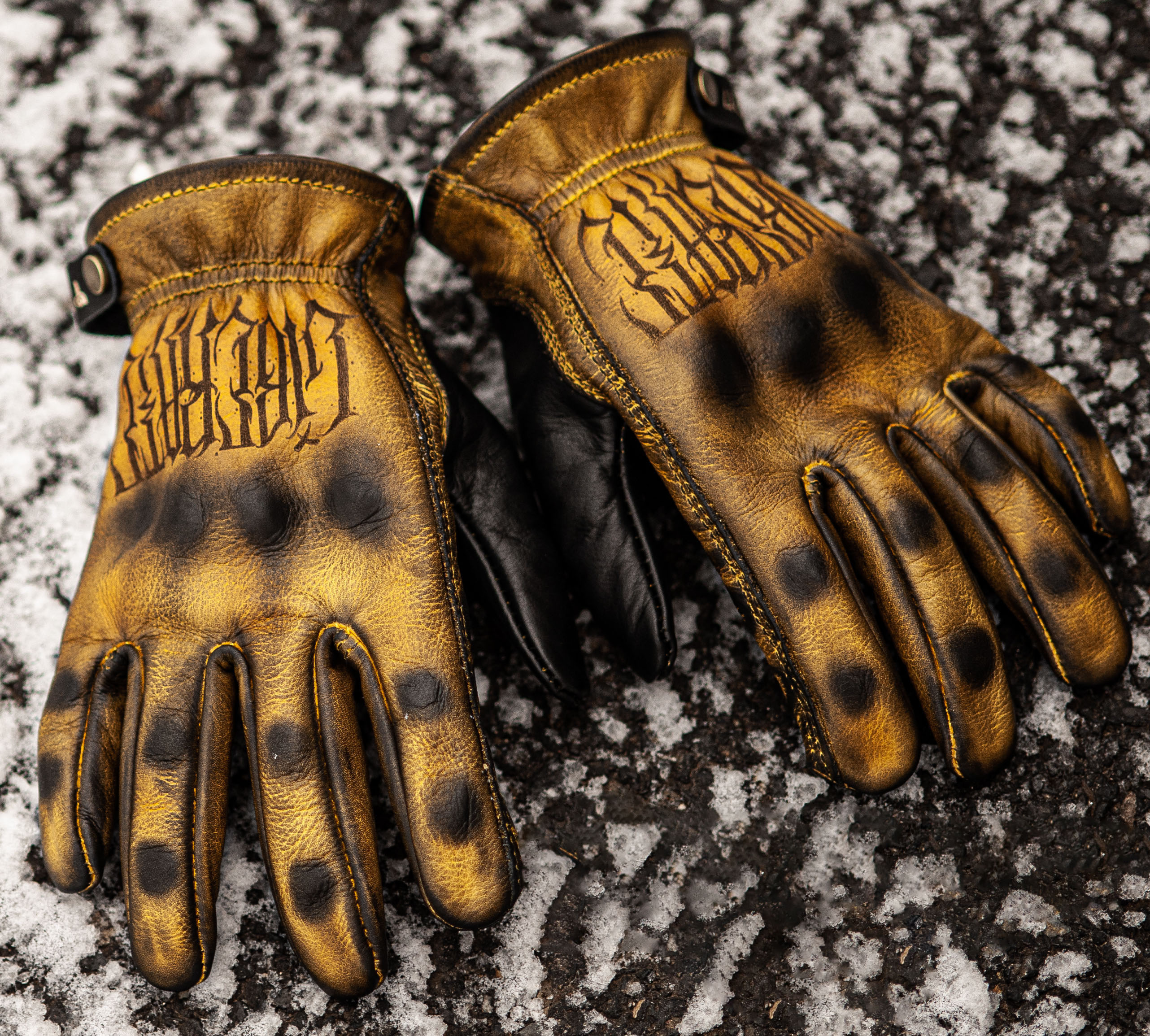 Celtic Retro Distressed Yellow Leather Cross Print Motorcycle Riding Gloves