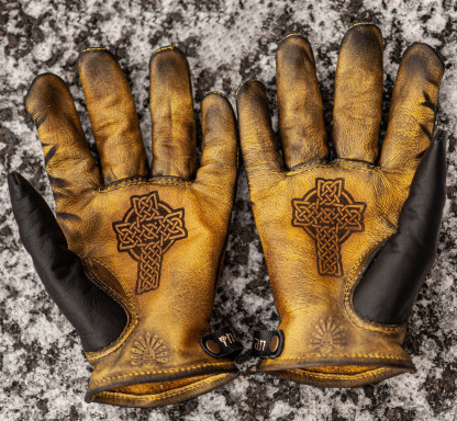 Celtic Retro Distressed Yellow Leather Cross Print Motorcycle Riding Gloves