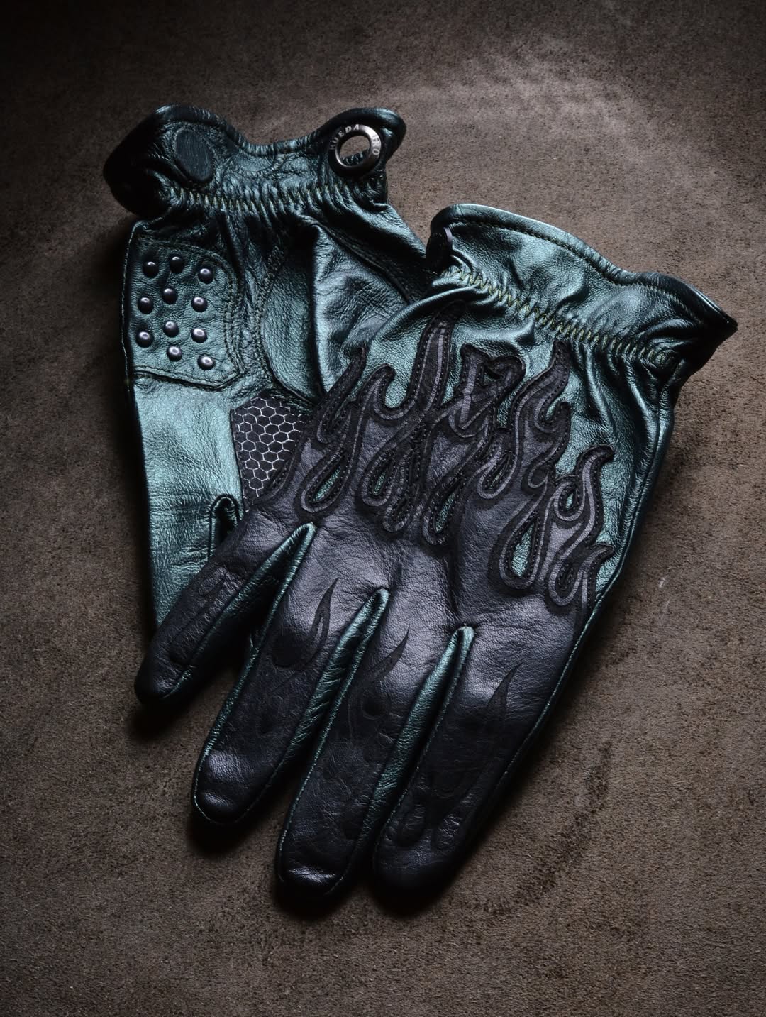 Industrial Punk Dark Emerald Flame Studded Textured Leather Gloves