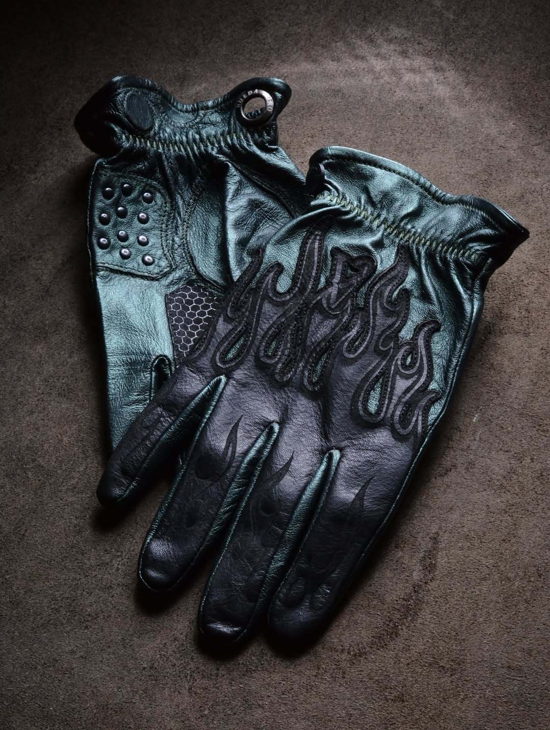 Industrial Punk Dark Emerald Flame Studded Textured Leather Gloves
