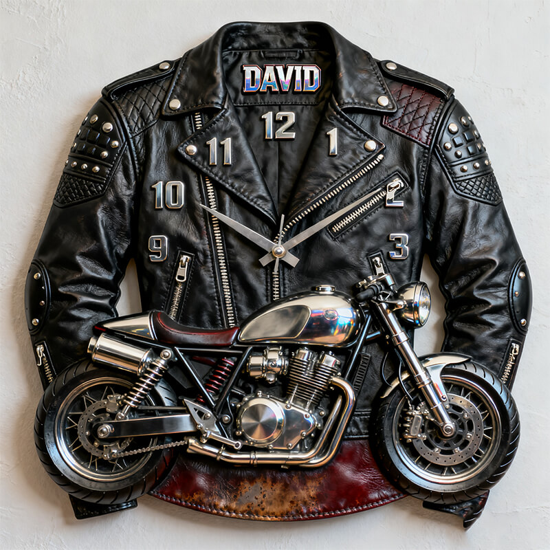 Personalized Motorcycle Leather Jacket Themed Clock