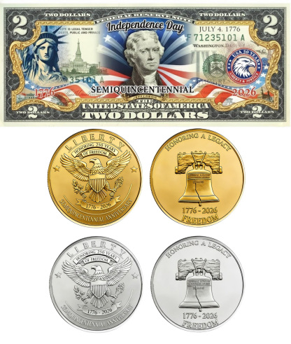 USA 250th Patriotic Bundle – Peace Coins & Independence $2 Bill