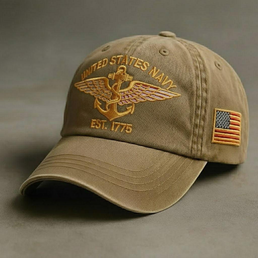 Classic Navy Winged Anchor Cap with Flag Patch