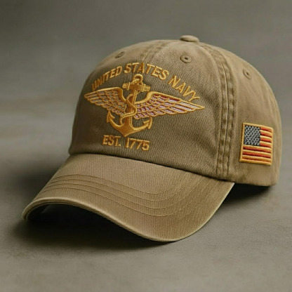 Classic Navy Winged Anchor Cap with Flag Patch