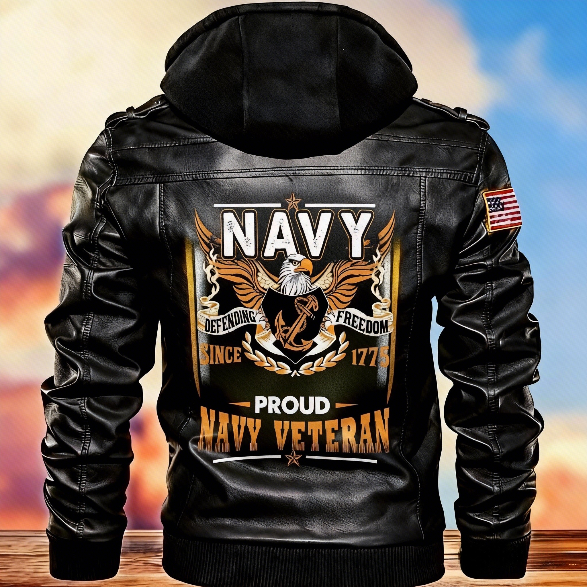 Proud Navy Veteran Leather Hooded Jacket - Defending Freedom Since 1775
