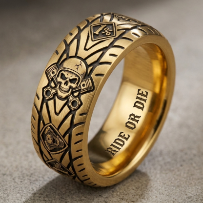 Vintage Harley-style rubber tire texture gold ring