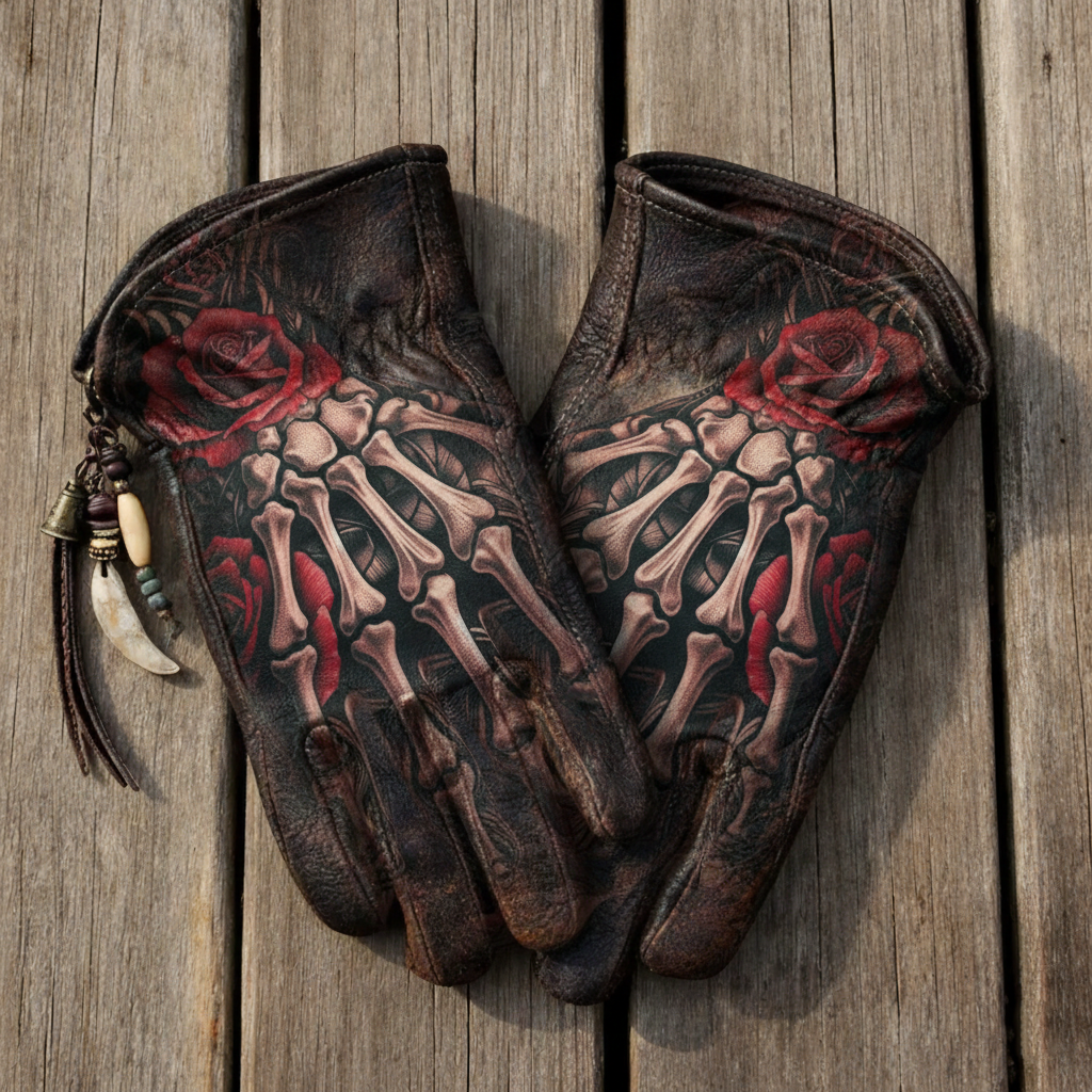 Print Vintage Leather Work Gloves.