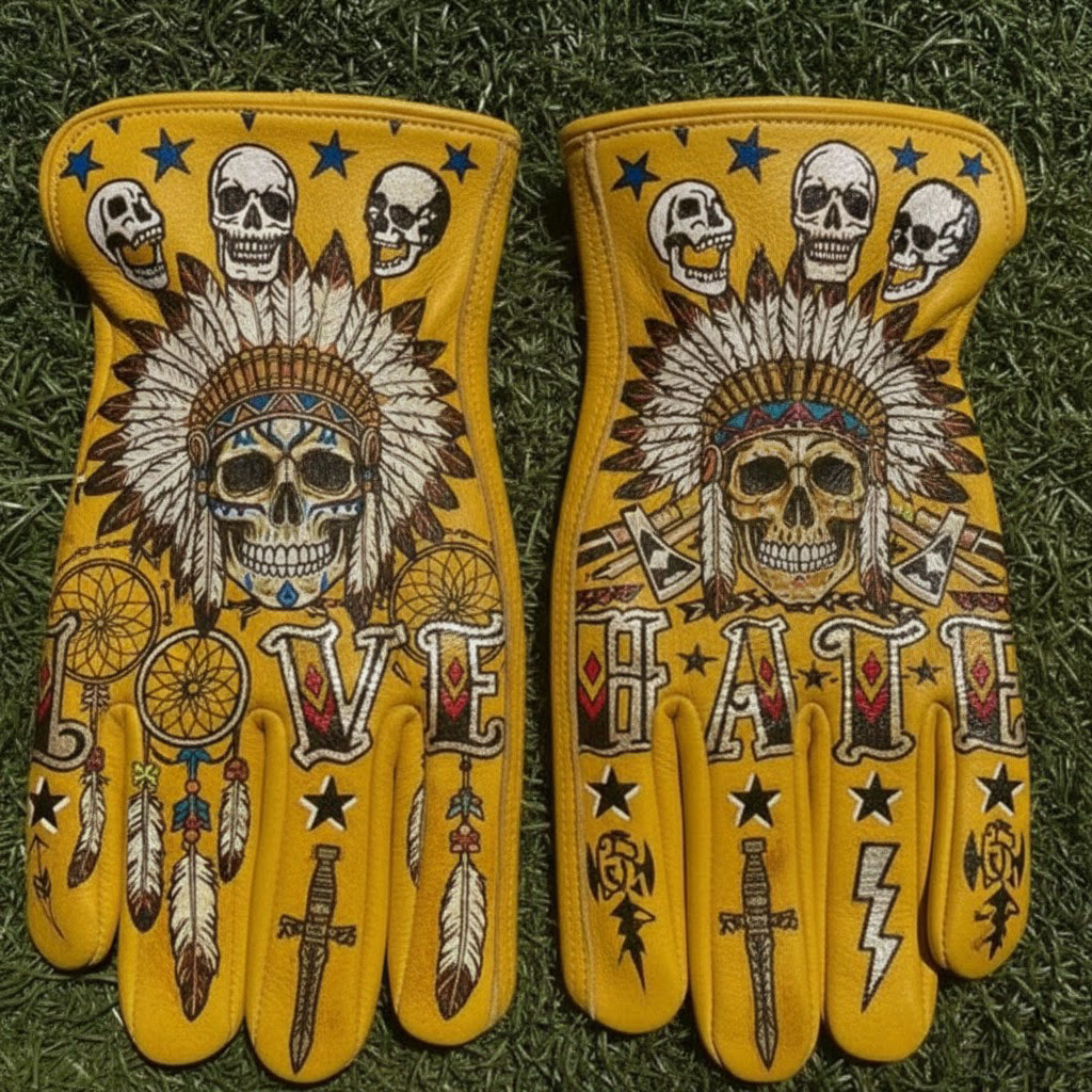 Hardcore biker style engine patriotic leather riding gloves