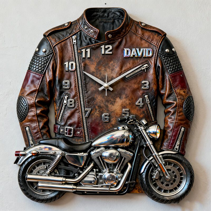 Personalized Motorcycle Leather Jacket Themed Clock