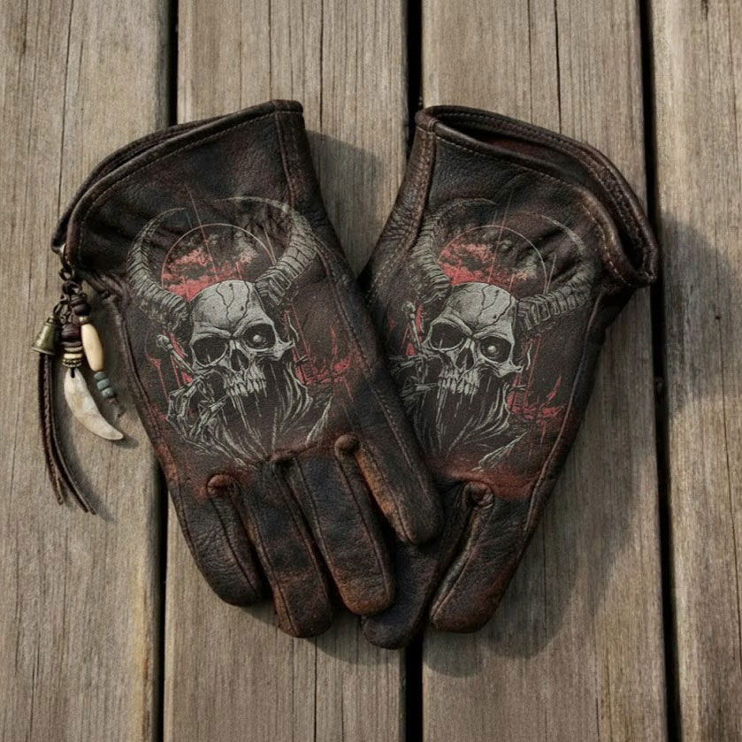 American Frontier Style Majestic Eagle Graphic Distressed Leather Gloves
