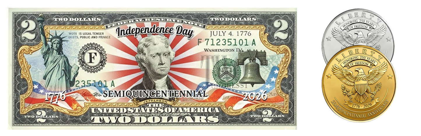 USA 250th Patriotic Bundle – Peace Coins & Independence $2 Bill