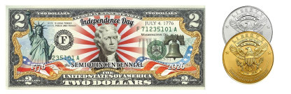 USA 250th Patriotic Bundle – Peace Coins & Independence $2 Bill