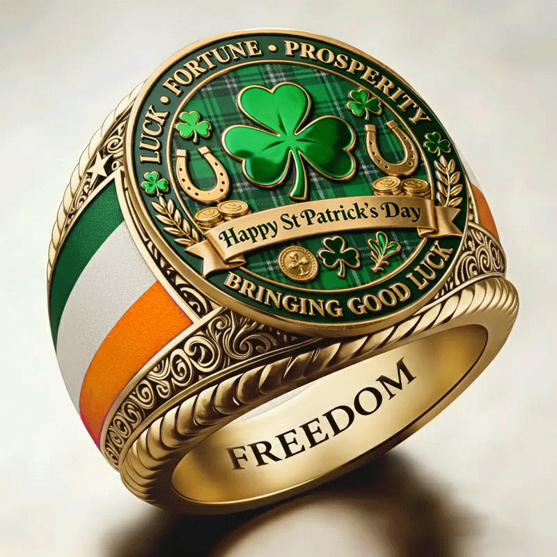 Irish Celtic Style Lucky Shamrock Green Cross Memorial Ring