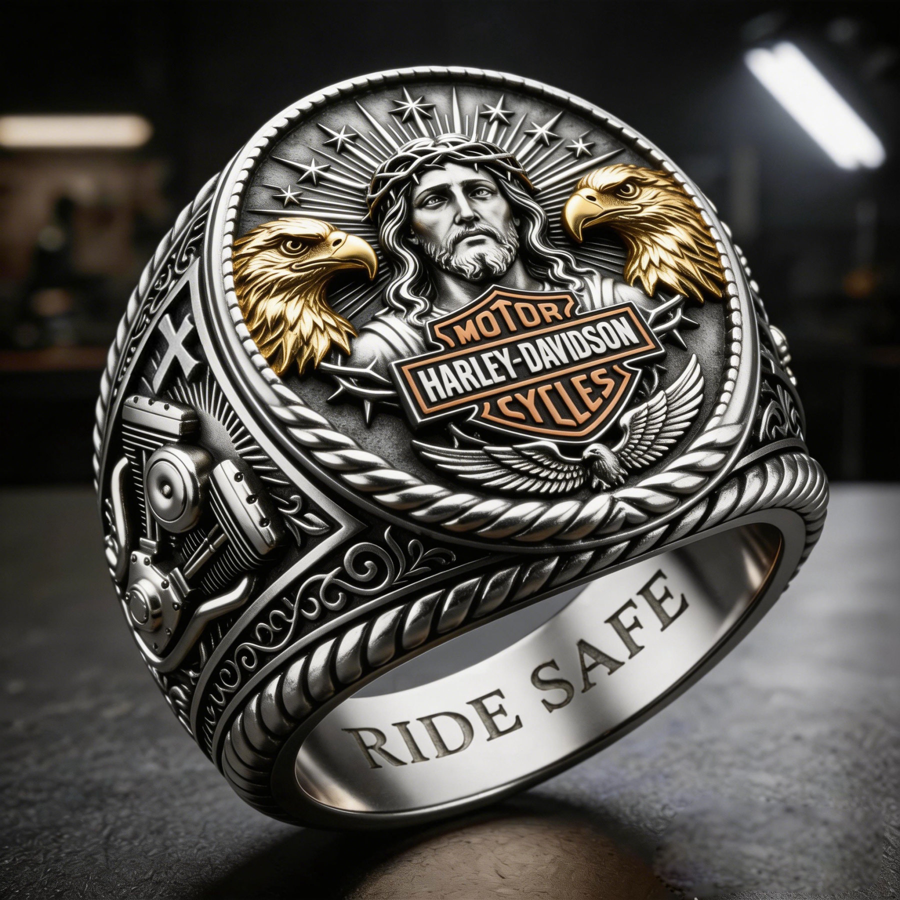 Jesus Protects My Ride Harley Rider Ring