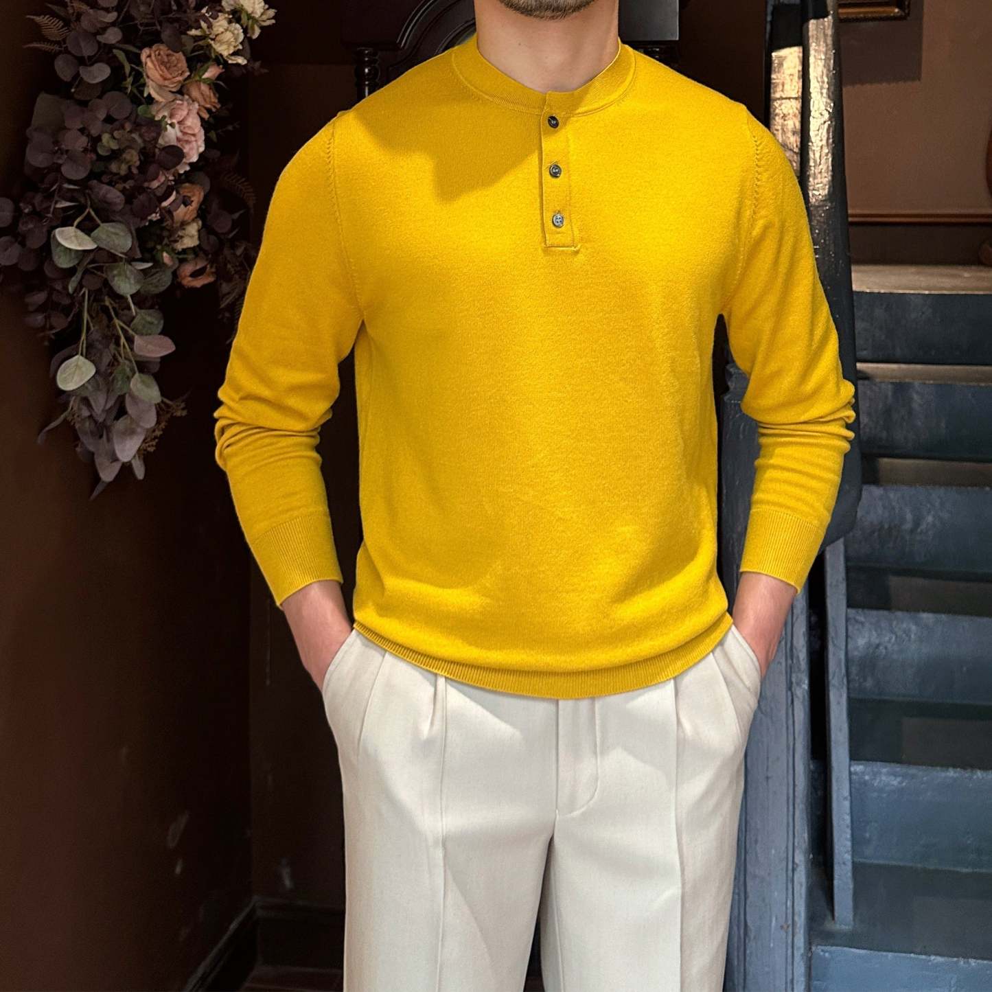 Slim-Fit Henley Knitted Long Sleeve T-Shirt