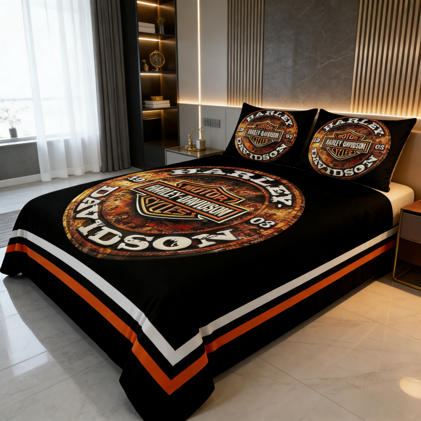 Retro Harley-Davidson style pattern 3-Piece Quilted Bedding Set