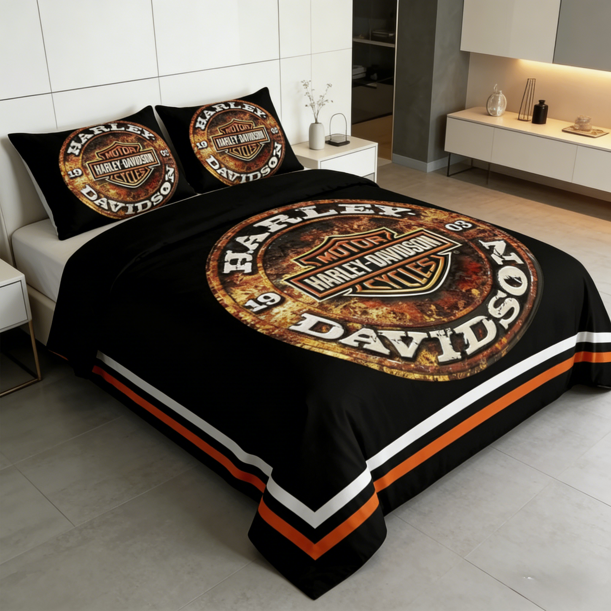 Retro Harley-Davidson style pattern 3-Piece Quilted Bedding Set