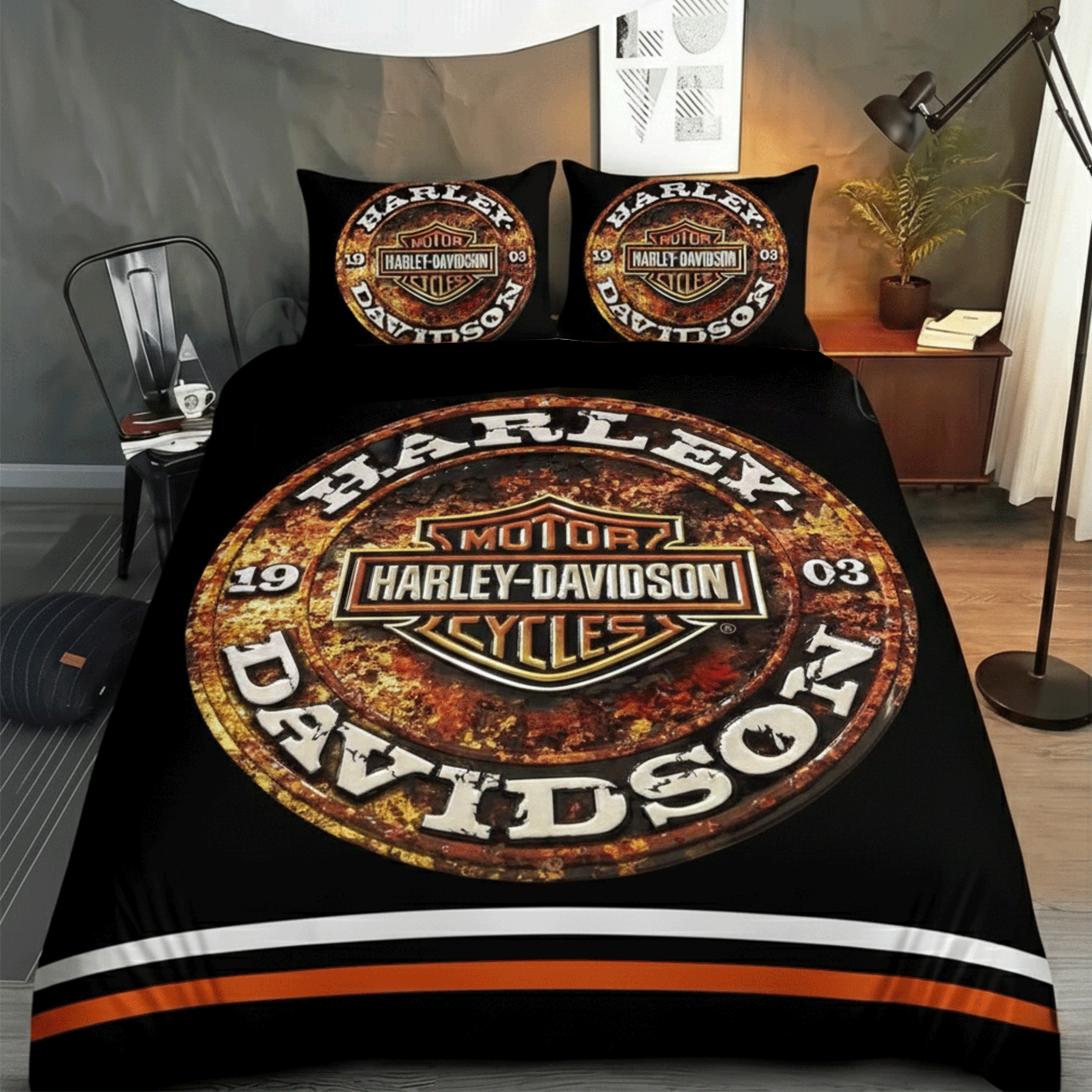 Retro Harley-Davidson style pattern 3-Piece Quilted Bedding Set