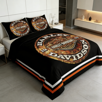 Retro Harley-Davidson style pattern 3-Piece Quilted Bedding Set