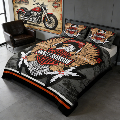 Retro Harley-Davidson style pattern 3-Piece Quilted Bedding Set