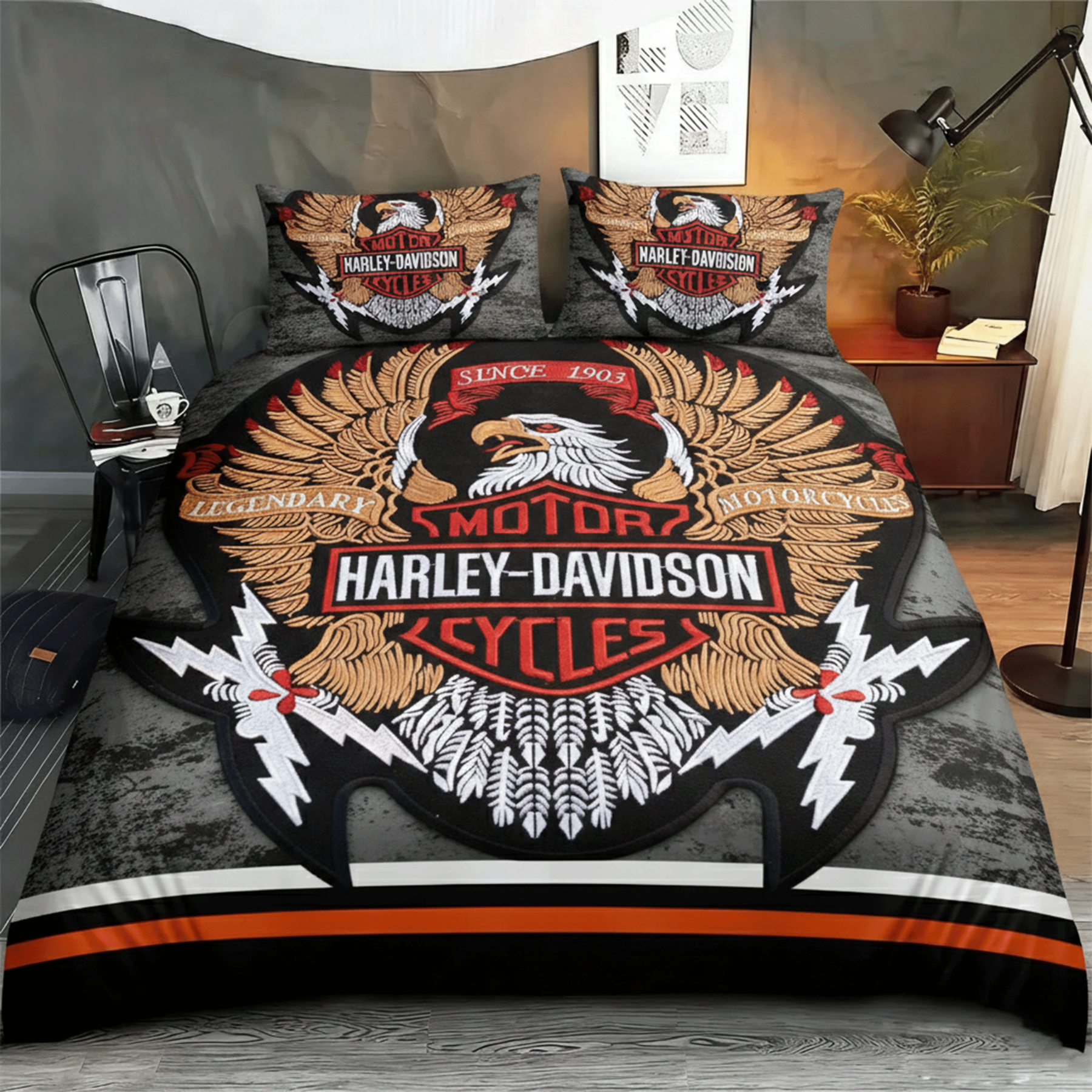 Retro Harley-Davidson style pattern 3-Piece Quilted Bedding Set