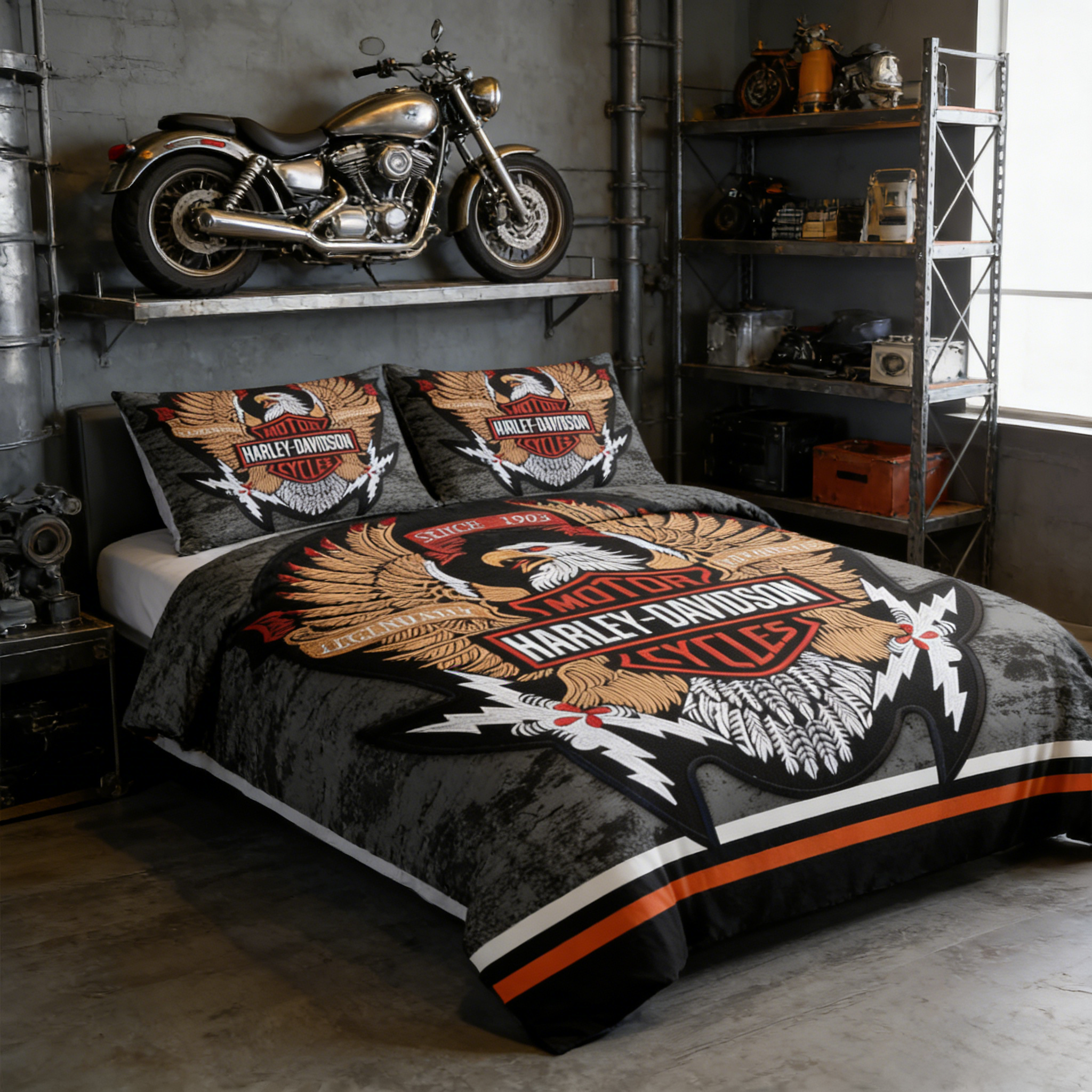 Retro Harley-Davidson style pattern 3-Piece Quilted Bedding Set
