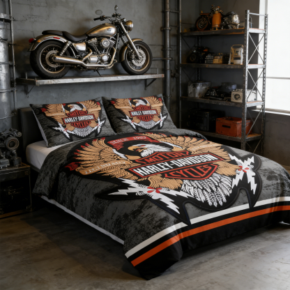 Retro Harley-Davidson style pattern 3-Piece Quilted Bedding Set