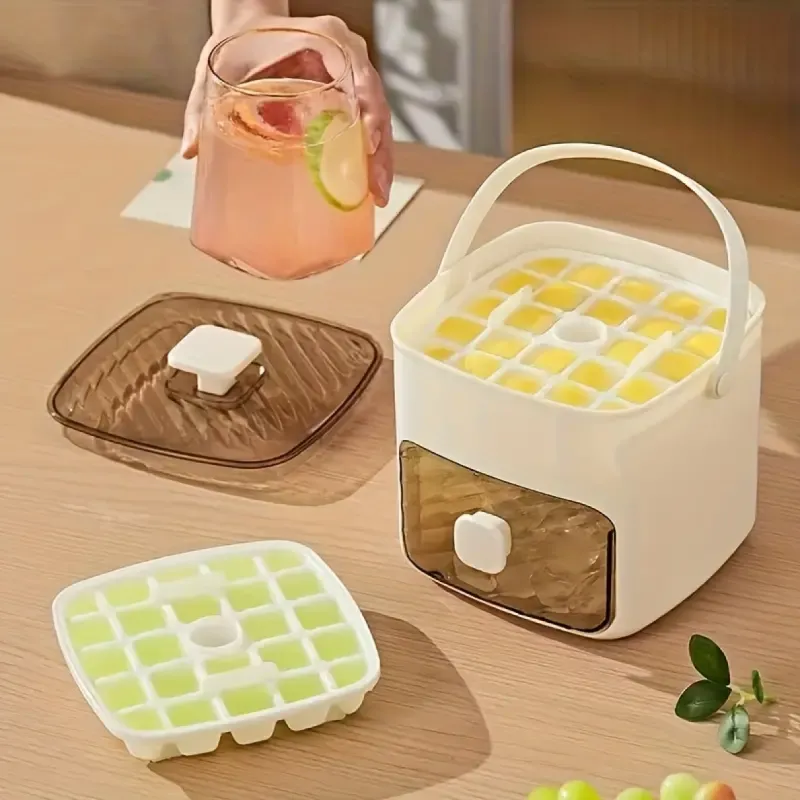 Easy-Press Silicone Ice Cube Maker - Double Layer Large Capacity Ice Bin with Lid - BPA Free & Odor-Proof For Home Bar, Cocktails & Iced Coffee