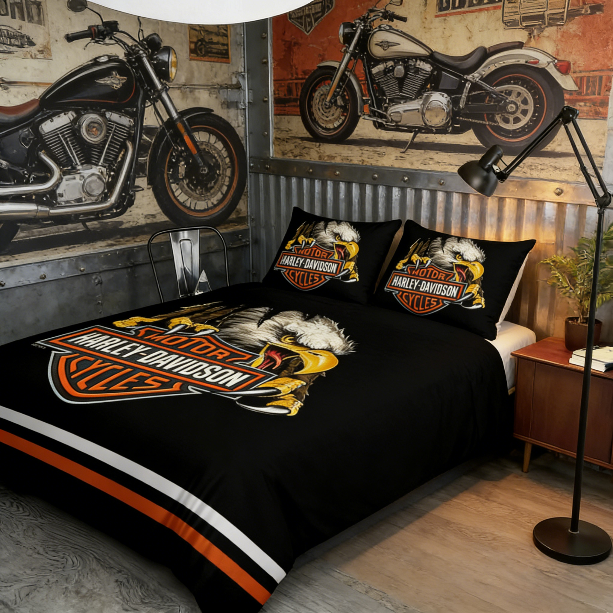Retro Harley-Davidson style pattern 3-Piece Quilted Bedding Set