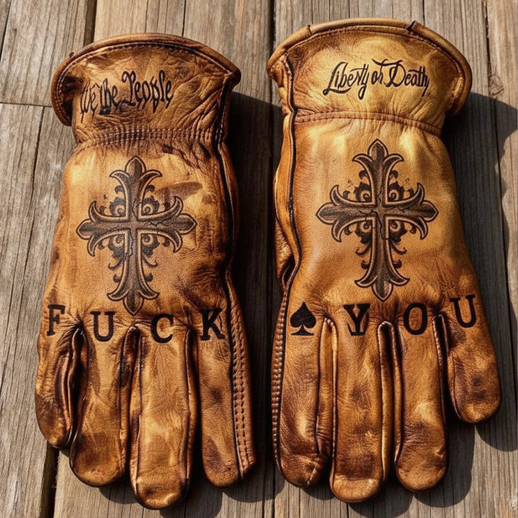Hardcore Biker Style Religious Jesus Portrait Engraved Leather Gloves