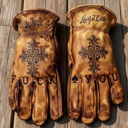 Hardcore Biker Style Religious Jesus Portrait Engraved Leather Gloves