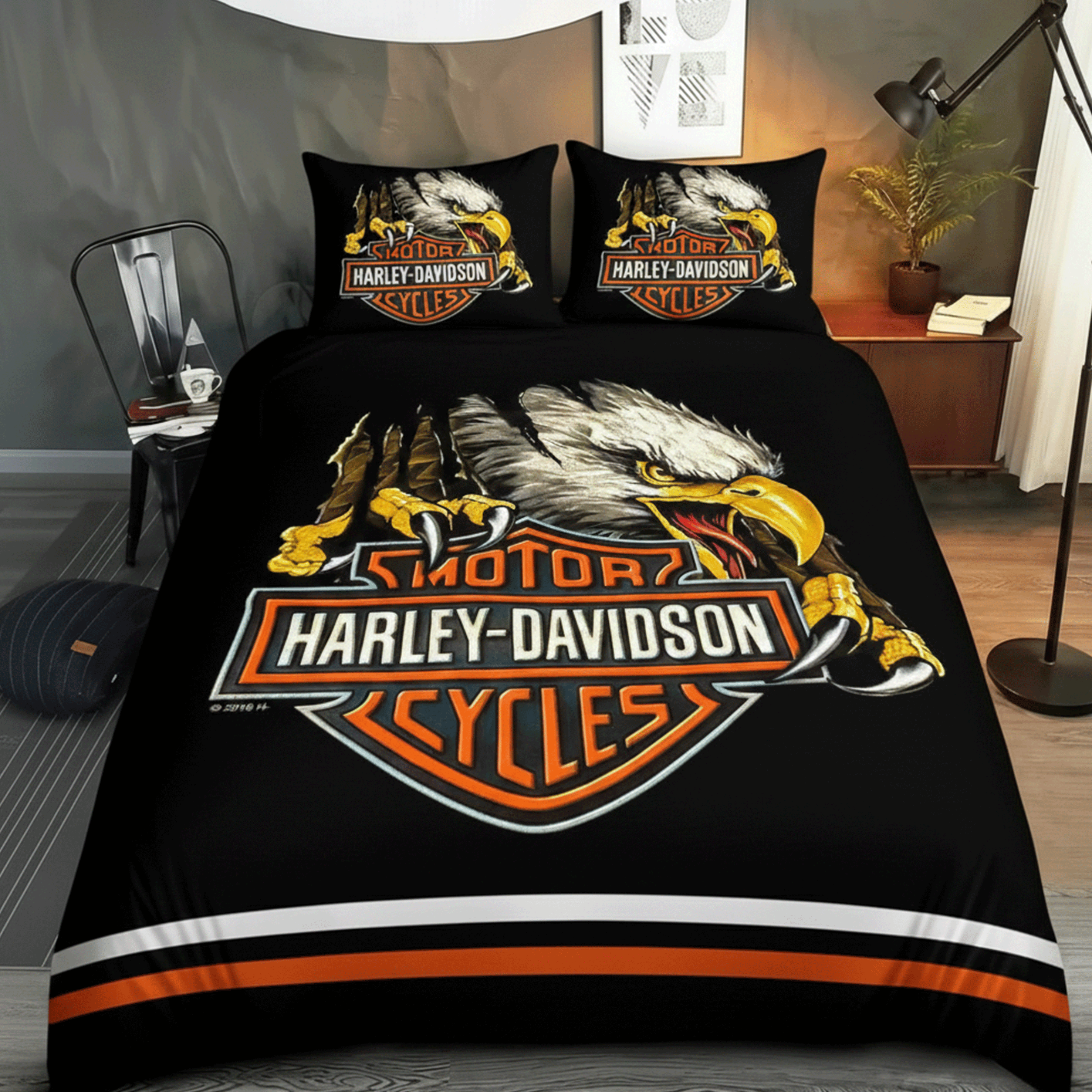 Retro Harley-Davidson style pattern 3-Piece Quilted Bedding Set