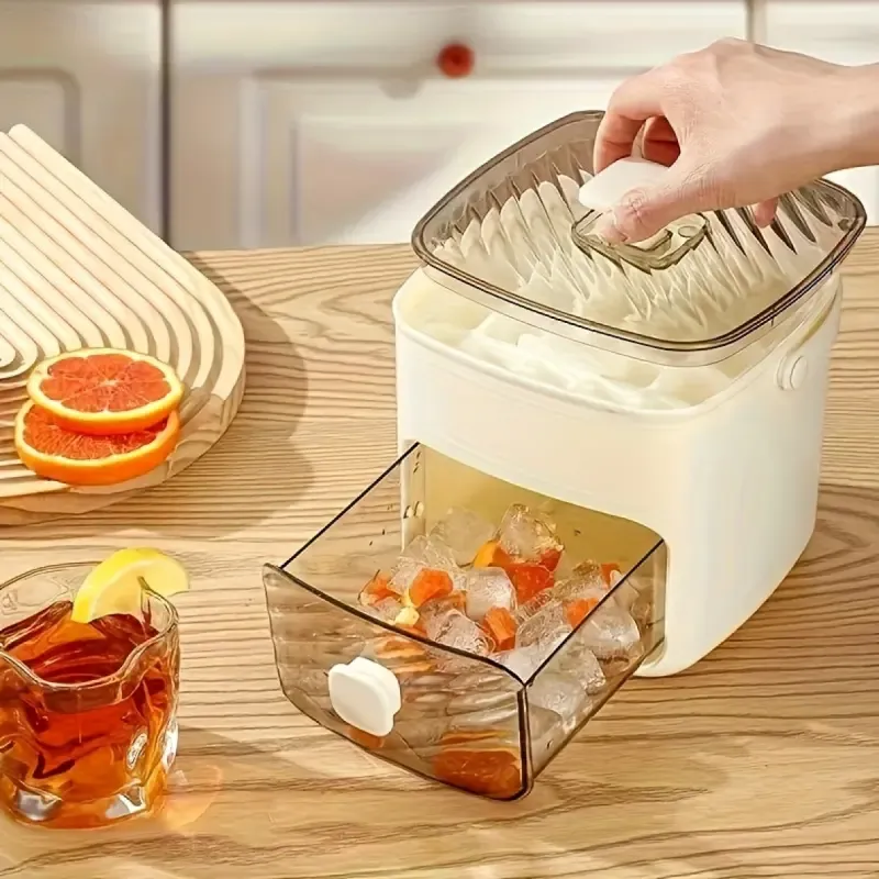 Easy-Press Silicone Ice Cube Maker - Double Layer Large Capacity Ice Bin with Lid - BPA Free & Odor-Proof For Home Bar, Cocktails & Iced Coffee
