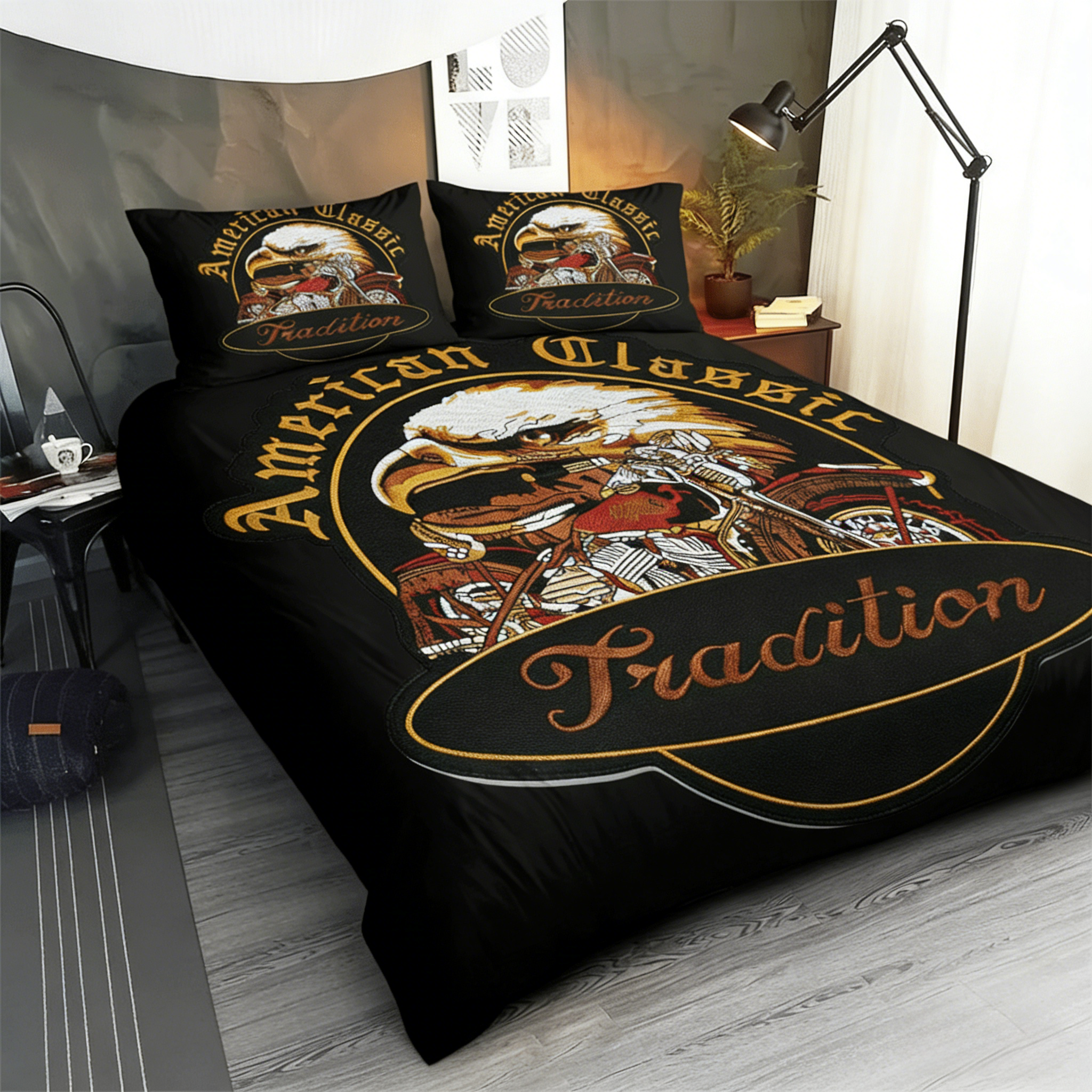 Retro Harley-Davidson style pattern 3-Piece Quilted Bedding Set