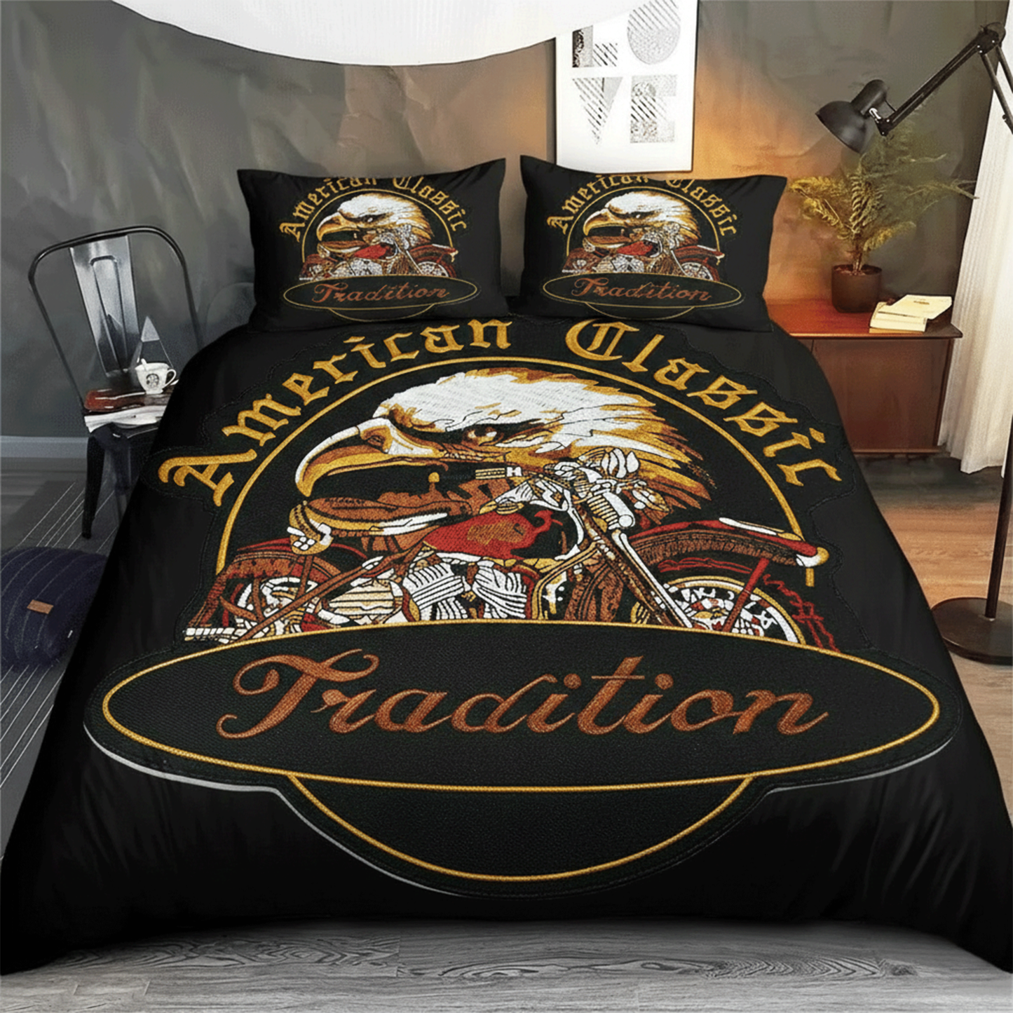 Retro Harley-Davidson style pattern 3-Piece Quilted Bedding Set