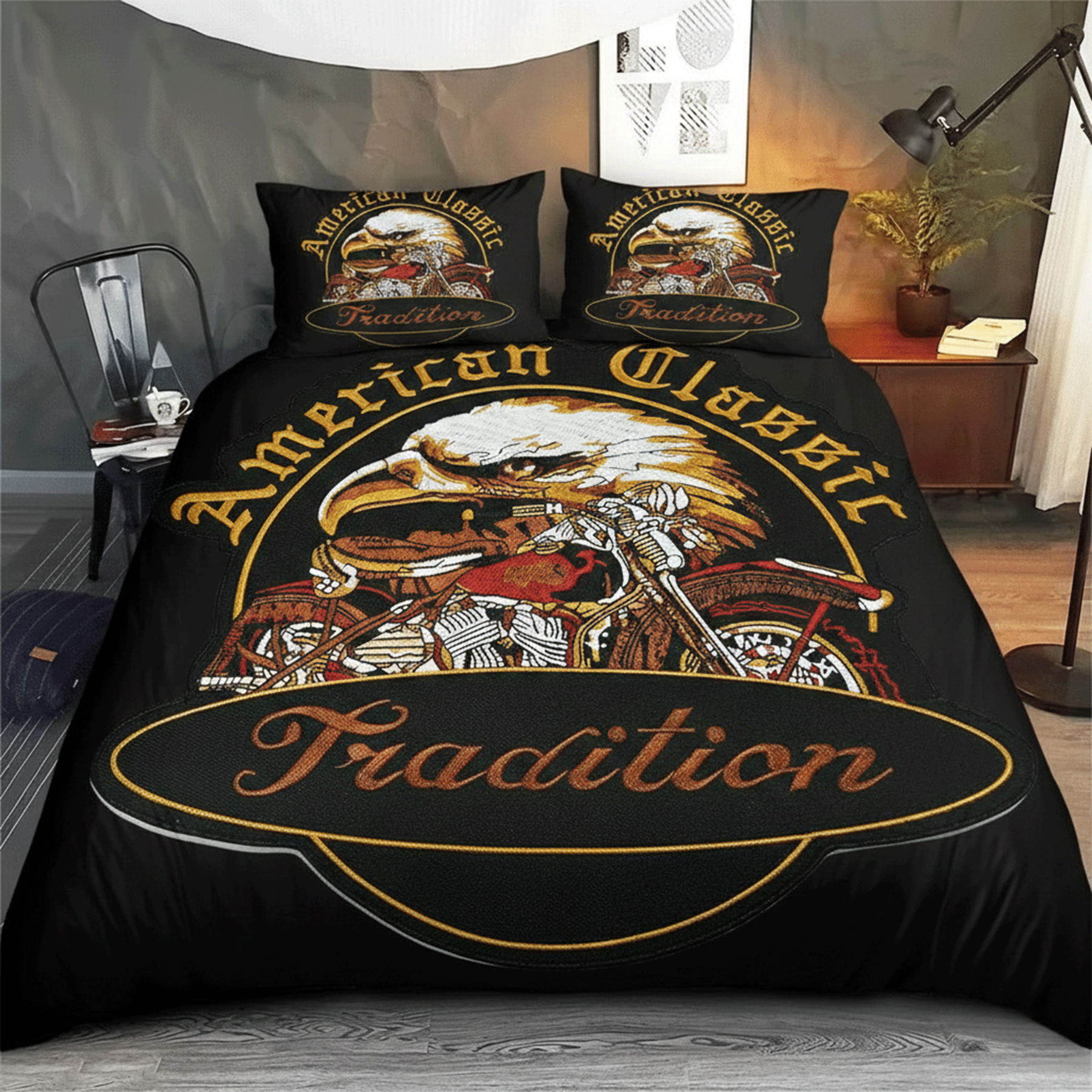 Retro Harley-Davidson style pattern 3-Piece Quilted Bedding Set