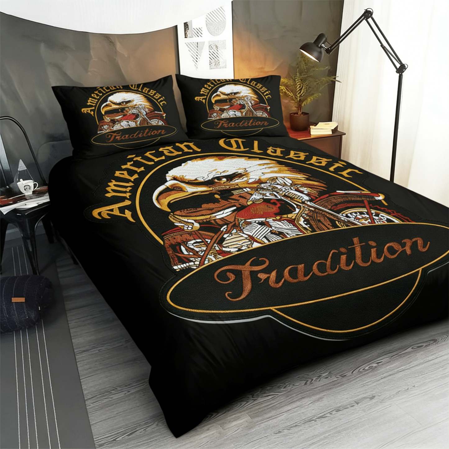 Retro Harley-Davidson style pattern 3-Piece Quilted Bedding Set