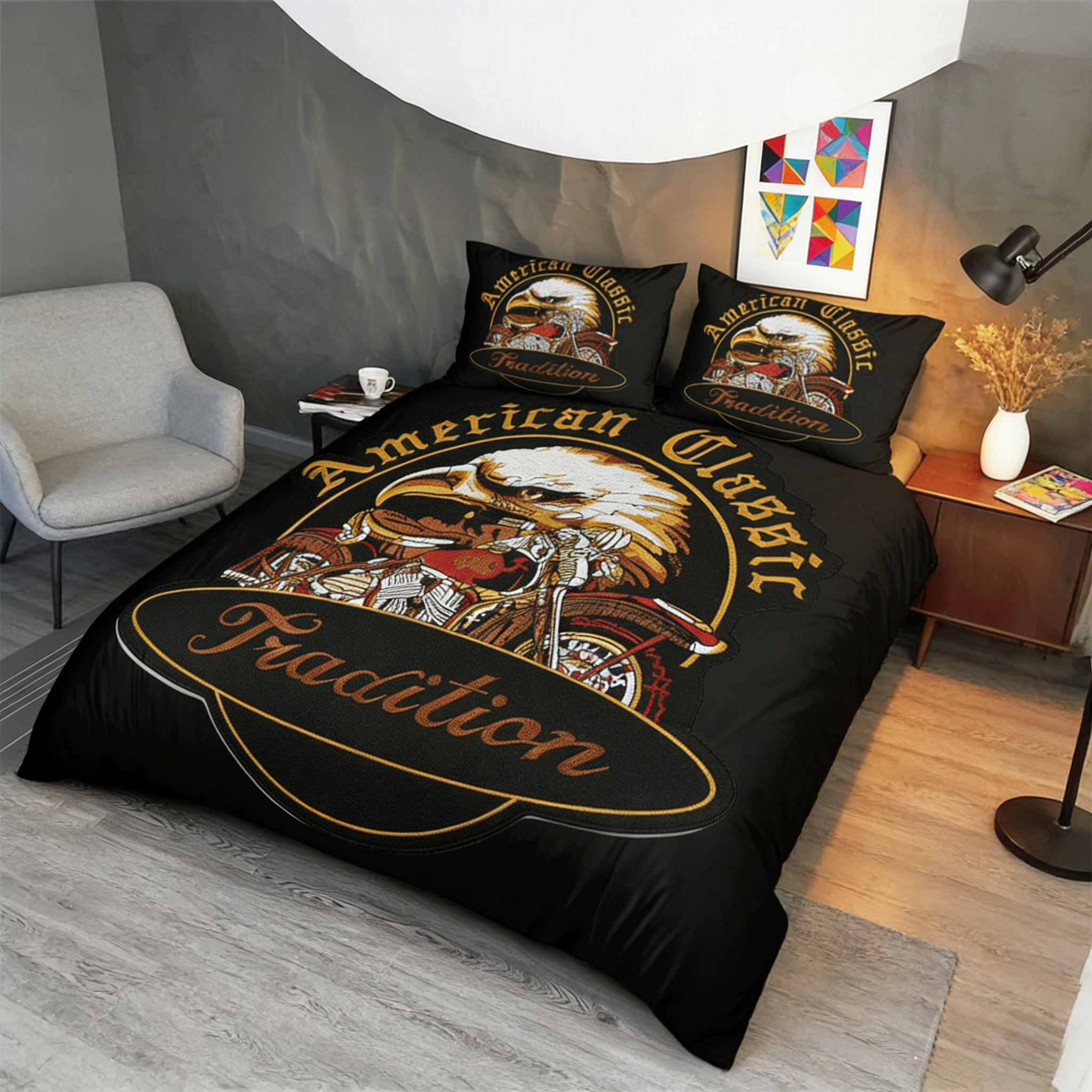 Retro Harley-Davidson style pattern 3-Piece Quilted Bedding Set