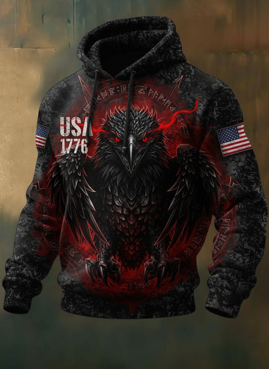 Hardcore Gothic Red Eye Raven USA 1776 Graphic Pullover Hoodie