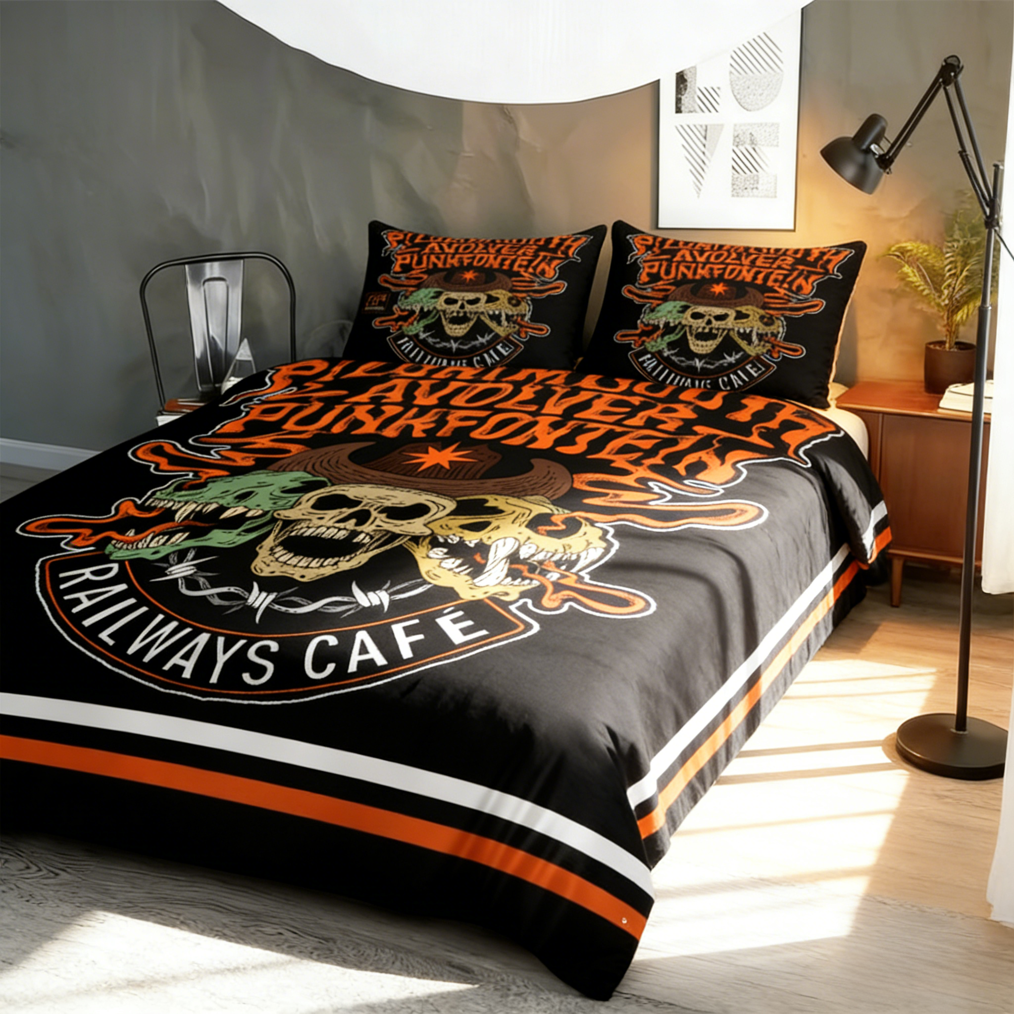 Retro Harley-Davidson style pattern 3-Piece Quilted Bedding Set