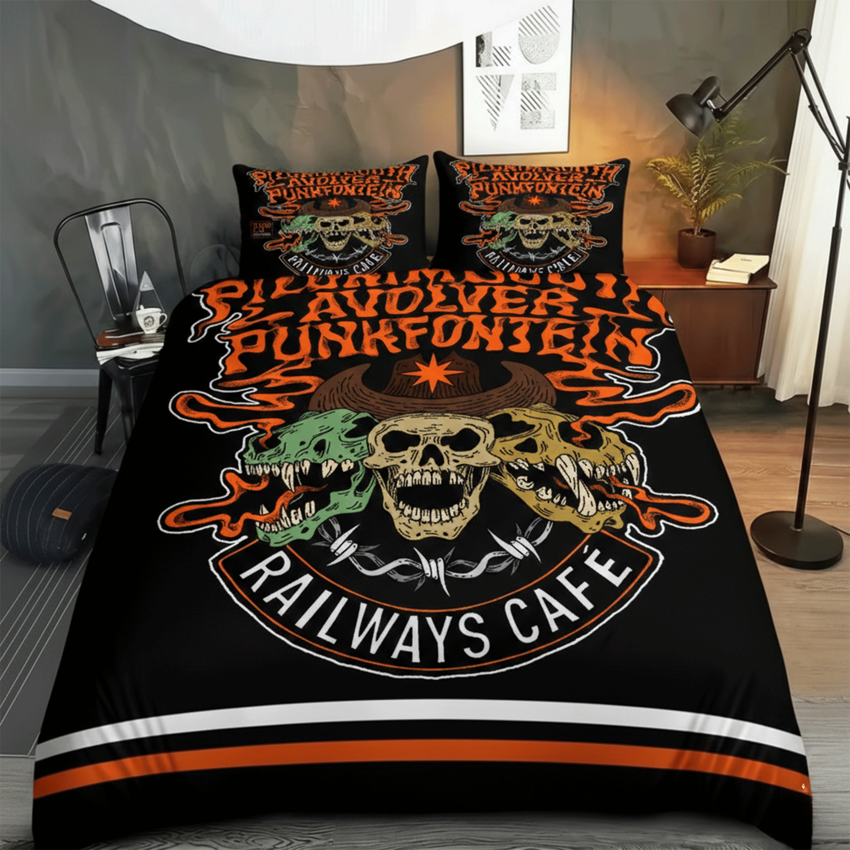 Retro Harley-Davidson style pattern 3-Piece Quilted Bedding Set
