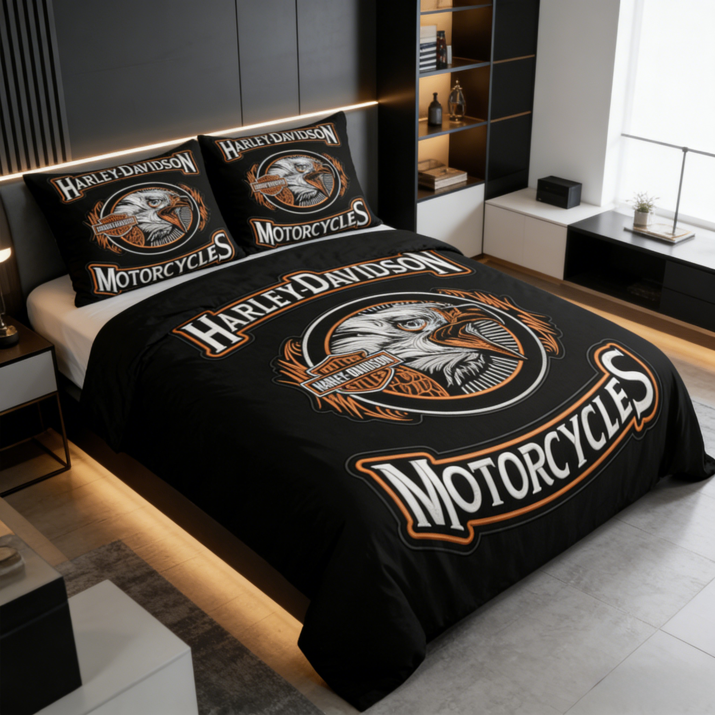 Retro Harley-Davidson style pattern 3-Piece Quilted Bedding Set