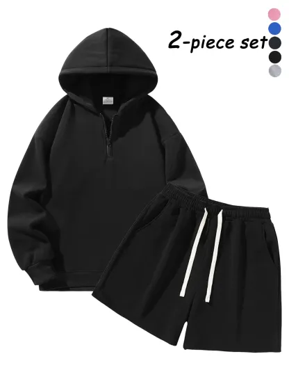 Men's Half-Zip Hoodie with Shorts Two-Piece Set, Basic Style Comfortable and Warm Sports Jogging Set, Suitable for Daily Wear, Outdoor Activities, Running and Workouts – Available for Men and Women.