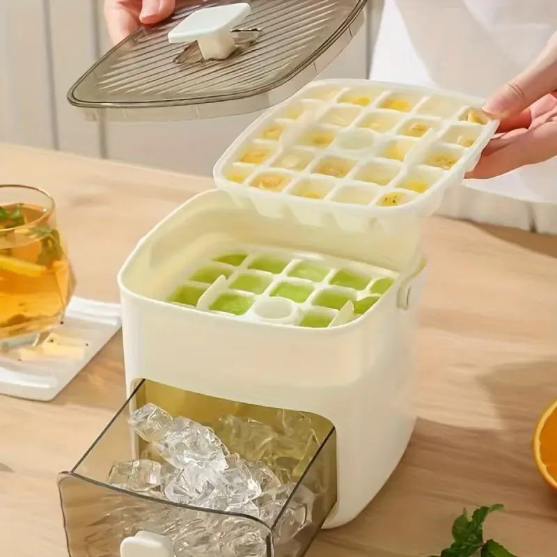 Easy-Press Silicone Ice Cube Maker - Double Layer Large Capacity Ice Bin with Lid - BPA Free & Odor-Proof For Home Bar, Cocktails & Iced Coffee