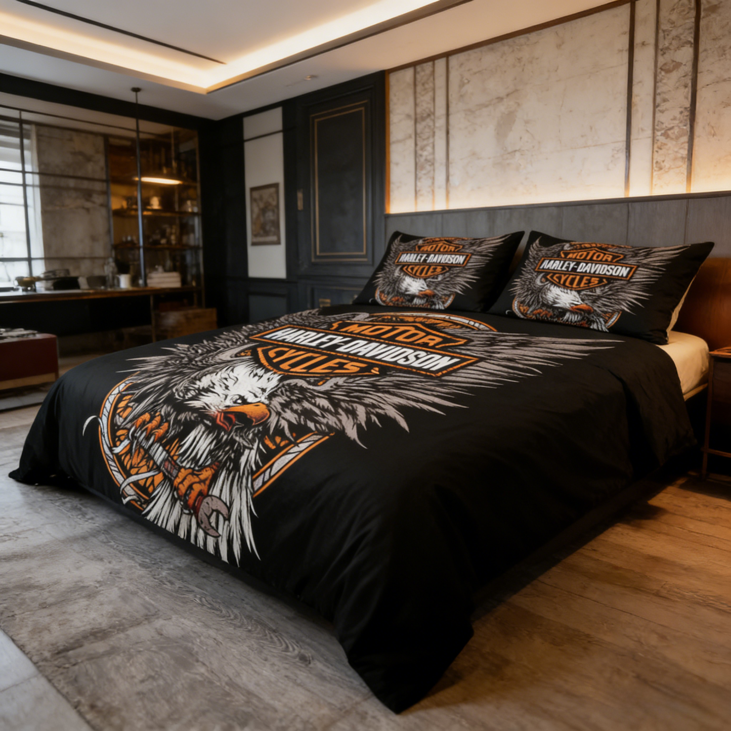 Retro Harley-Davidson style pattern 3-Piece Quilted Bedding Set