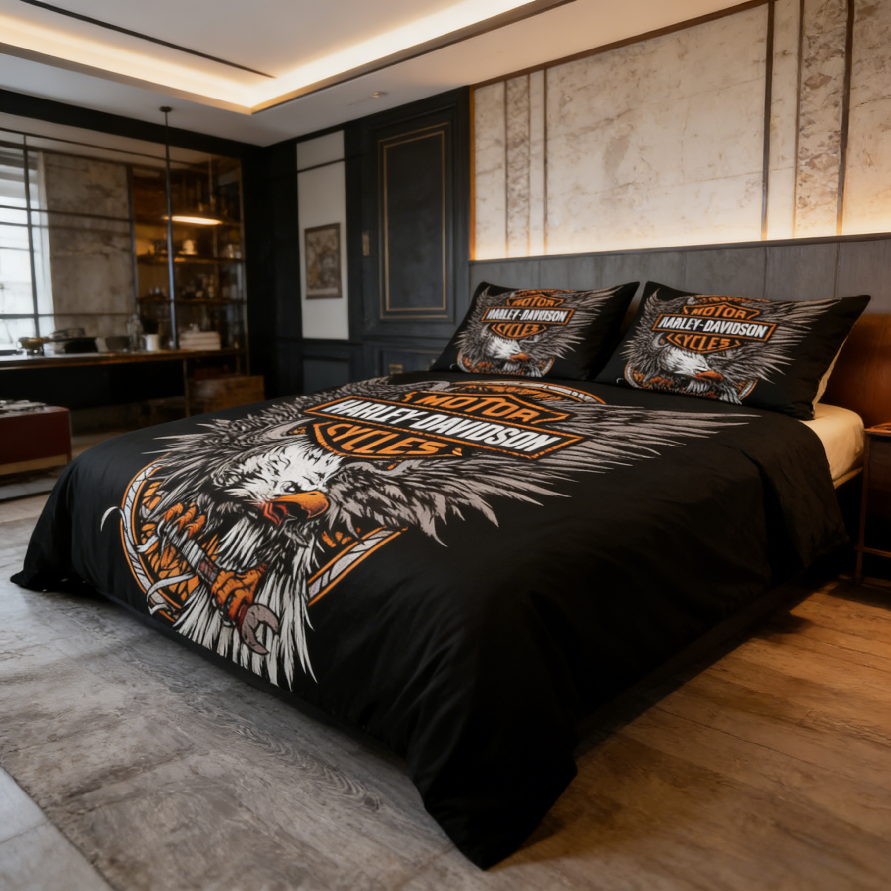 Retro Harley-Davidson style pattern 3-Piece Quilted Bedding Set