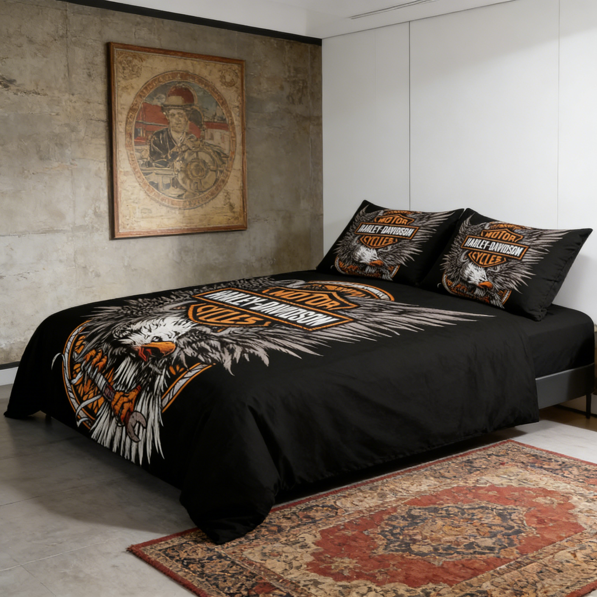 Retro Harley-Davidson style pattern 3-Piece Quilted Bedding Set