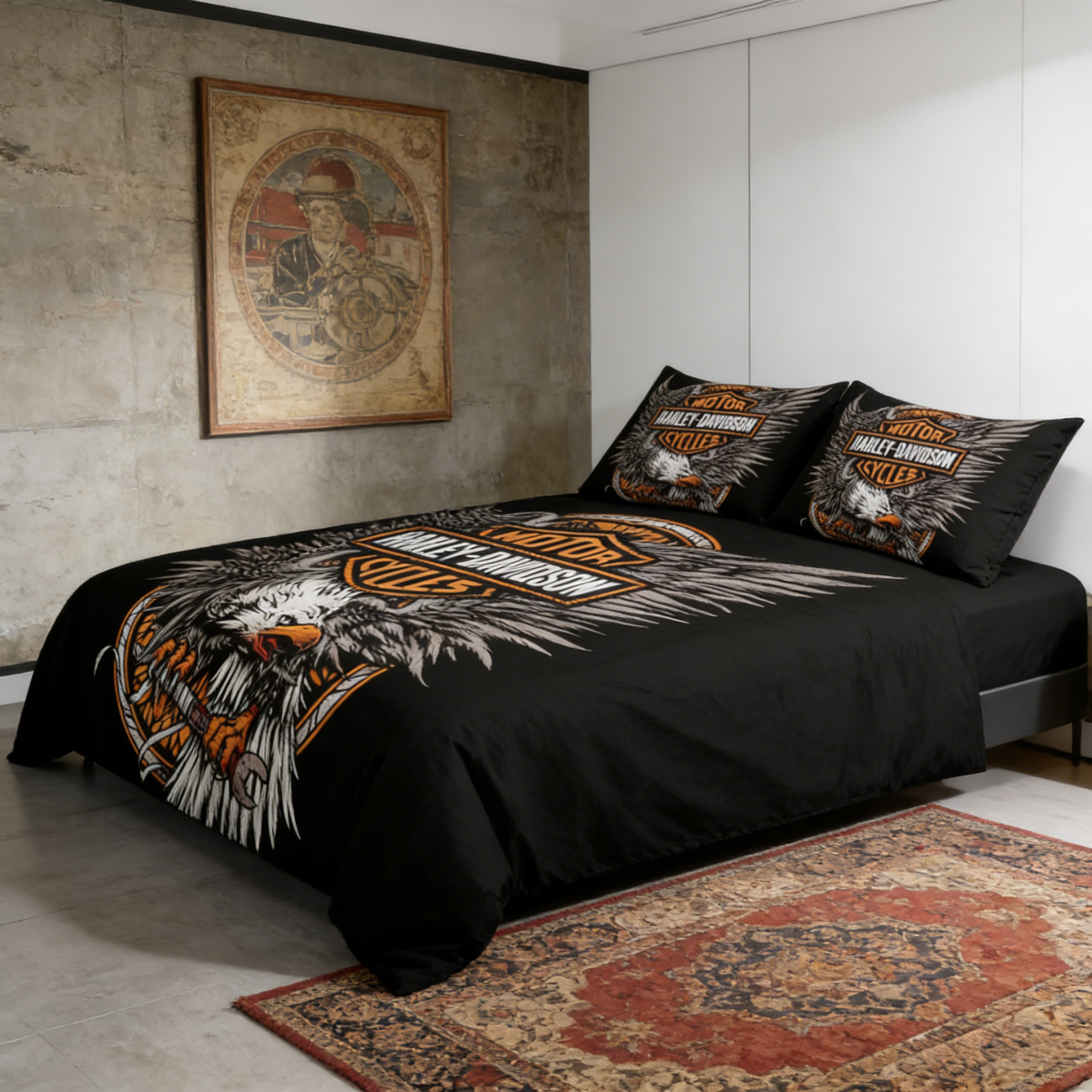 Retro Harley-Davidson style pattern 3-Piece Quilted Bedding Set